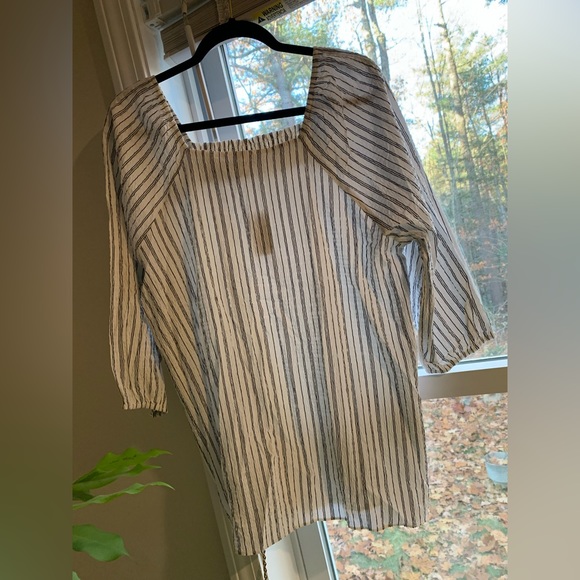 L Christopher & Banks Gray and White Pinstripe top with smocked neck, peasant - Picture 2 of 6